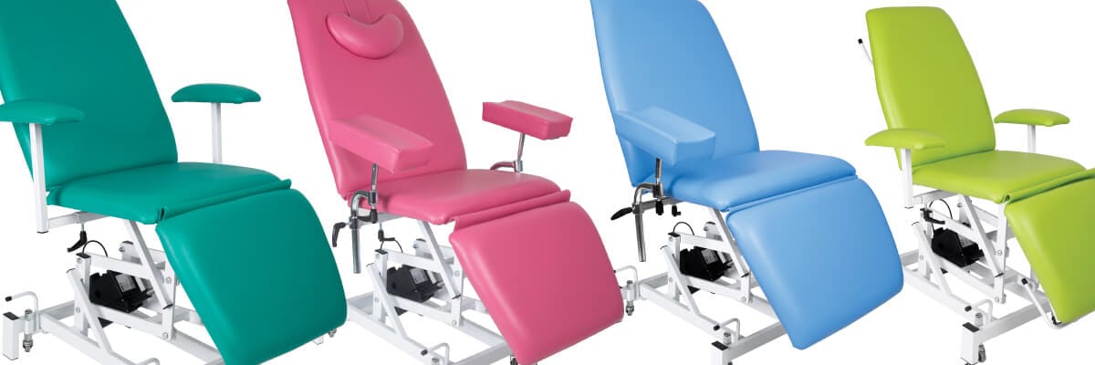 Meditelle treatment chairs shown in a variety of vinyl colours