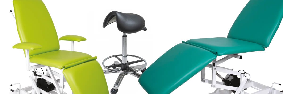 Collection of treatment chairs, examinations chairs and saddle stools by Meditelle