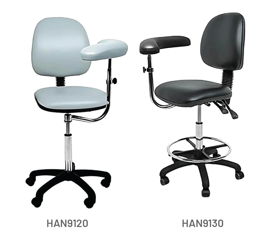 Meditelle Traditional High Back Chairs with Torso Arm upholstered in Dove and Black anti-microbial vinyl. Product shown with and without footrest.