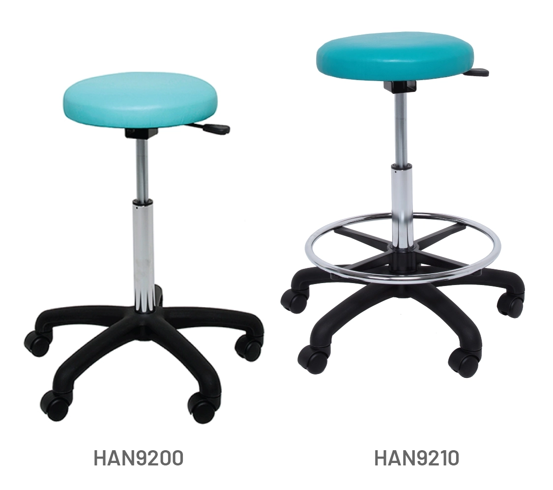 Meditelle, Stools with black bases shown in aqua and ocean anti-microbial vinyl options. Stools shown with and without footrests