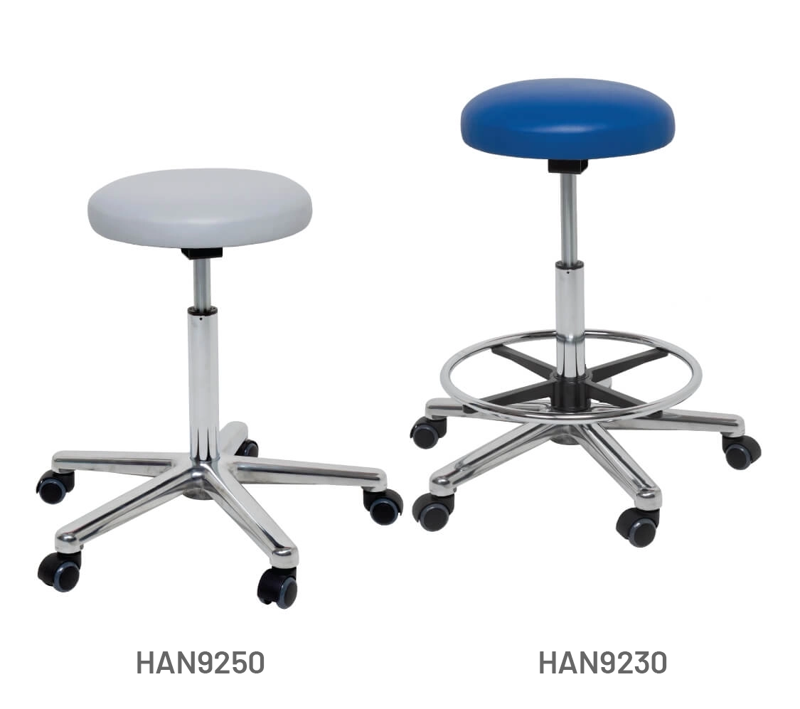 Meditelle Operator Stools shown in royal and white anti-microbial vinyl options. Chairs shown with and without footrests