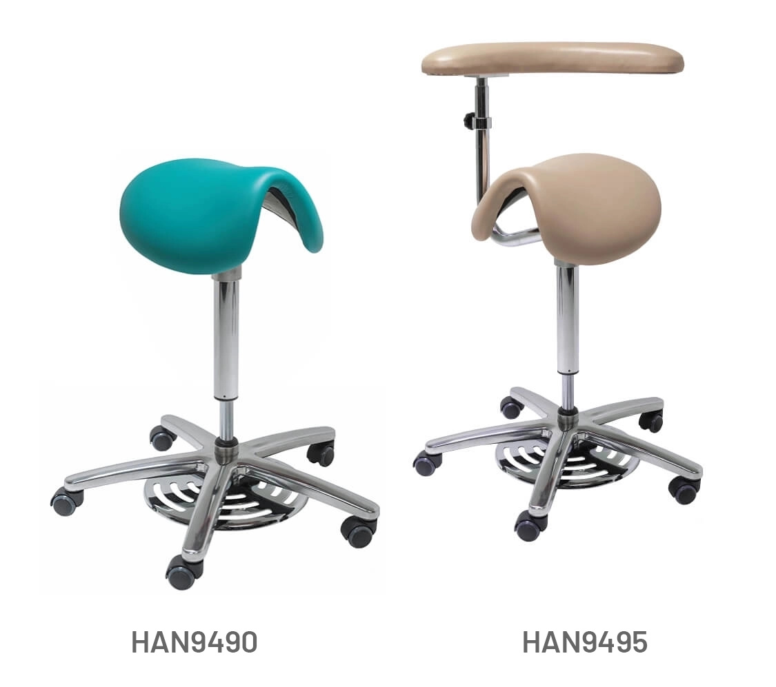 Meditelle Surgeons Foot Operated Tilt Saddle Stools upholstered in Ocean and Taupe anti-microbial vinyl. Product shown with and without torso arm support.