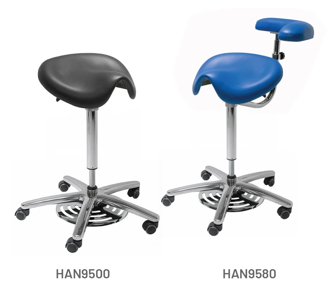 Meditelle Surgeons Foot Operated Medi Saddle Stools upholstered in Black and Royal anti-microbial vinyl. Product shown with and without arm support.