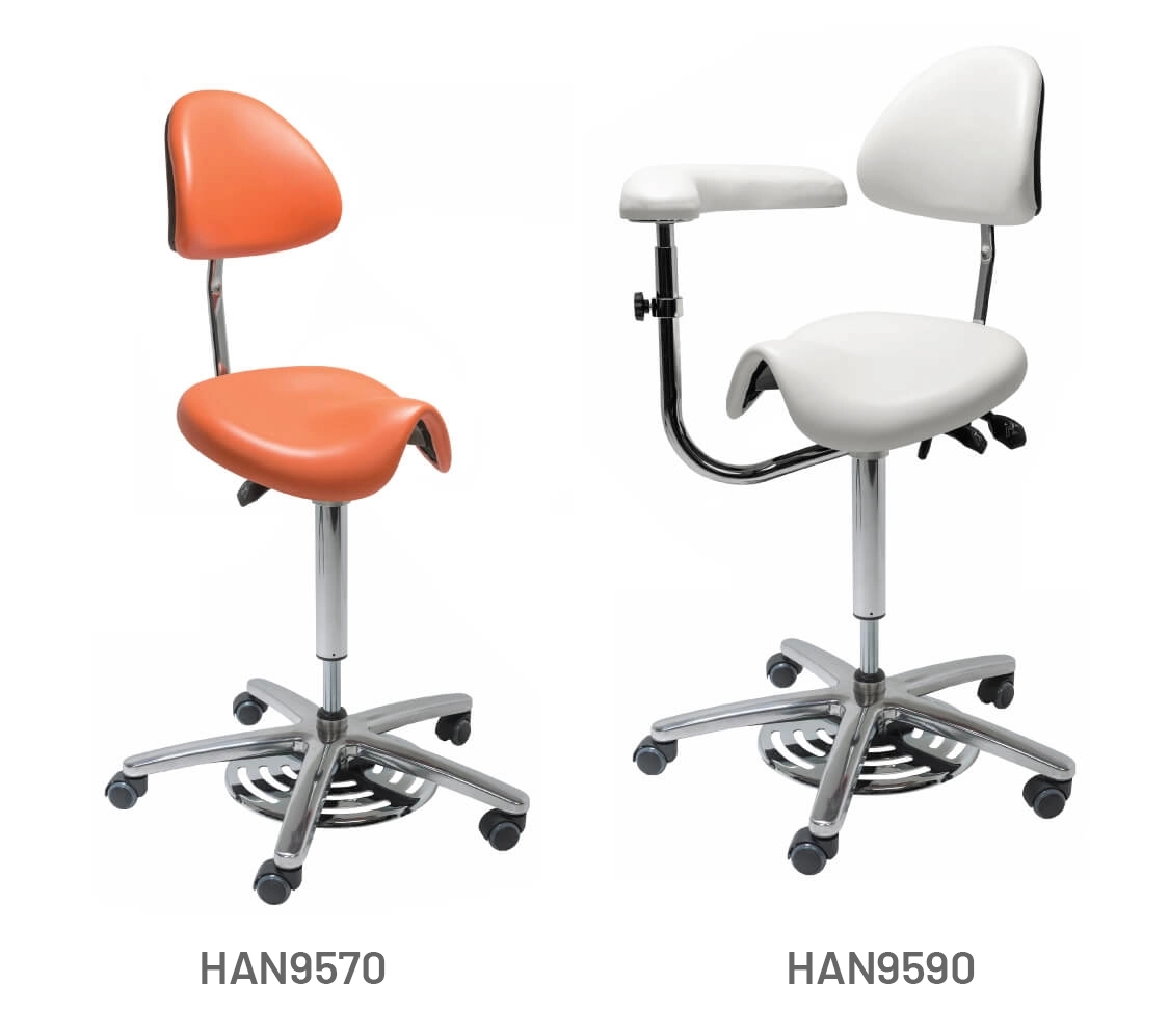 Surgeons Foot Operated Medi Saddle Chair by Meditelle. Shown upholstered in Ginger and White anti-microbial vinyl.