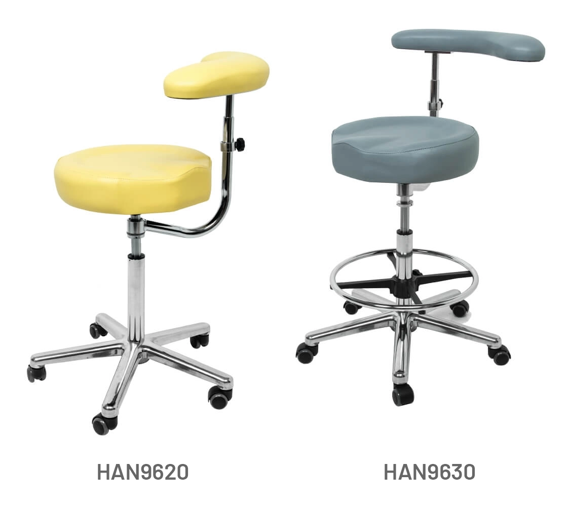 Meditelle Dental Tilt Contour Stools with Torso Arm upholstered in Buttercup and Grey anti-microbial vinyl. Shown with and without footrest.