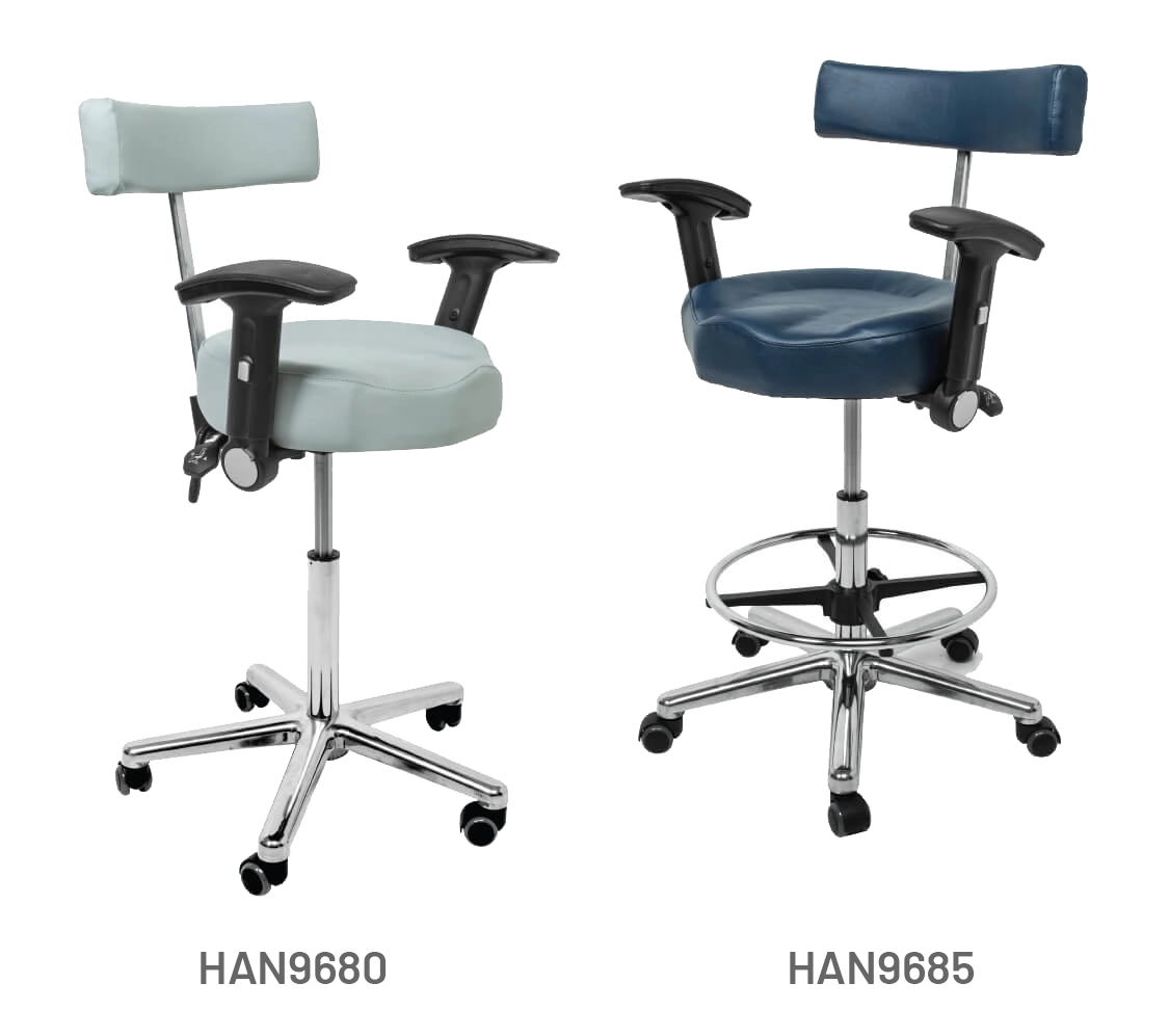 Meditelle Tilt Contour Chairs with Arms shown in Dove and Navy anti-microbial vinyl upholstery. Product shown with and without foot rest