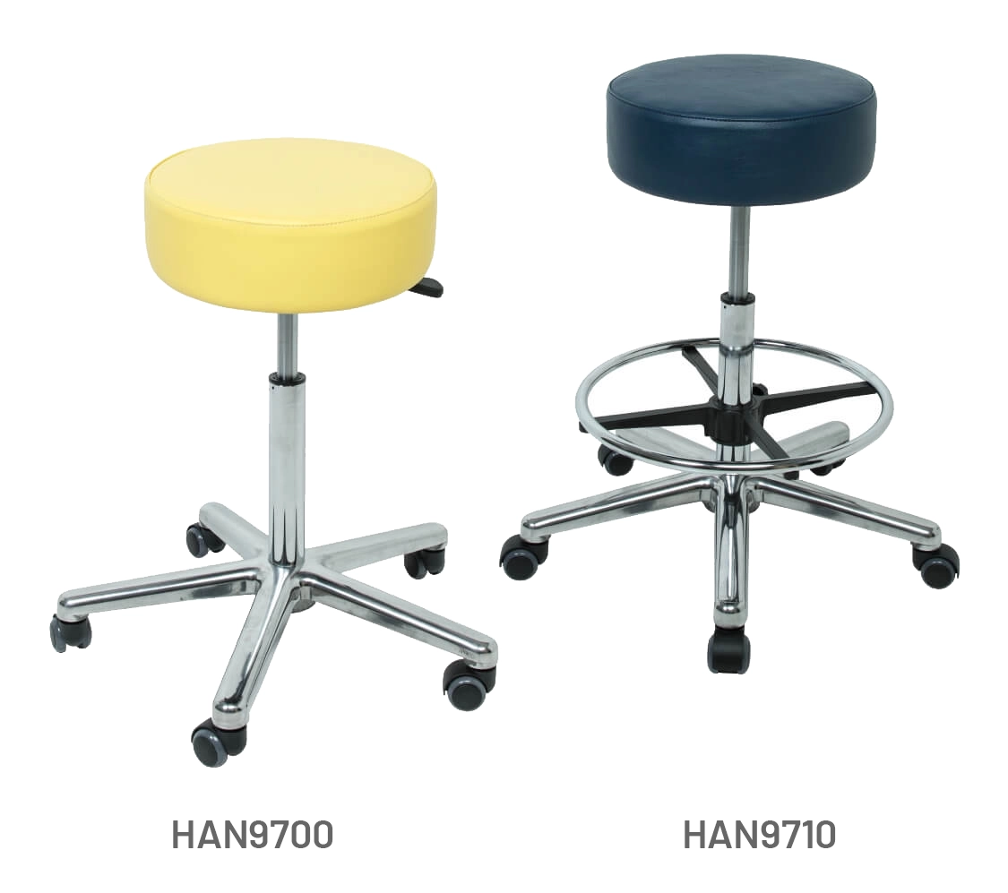 Meditelle - Medical Operator Tub Stools shown in Buttercup and Navy anti-microbial vinyl. Products shown with and without optional footrest.