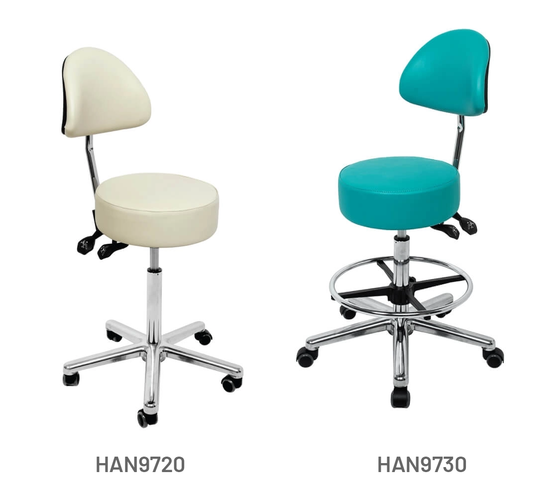 Meditelle Operator Tub Chairs with Tilt upholstered in White and Ocean anti-microbial vinyl. Product shown with and without foot rest.