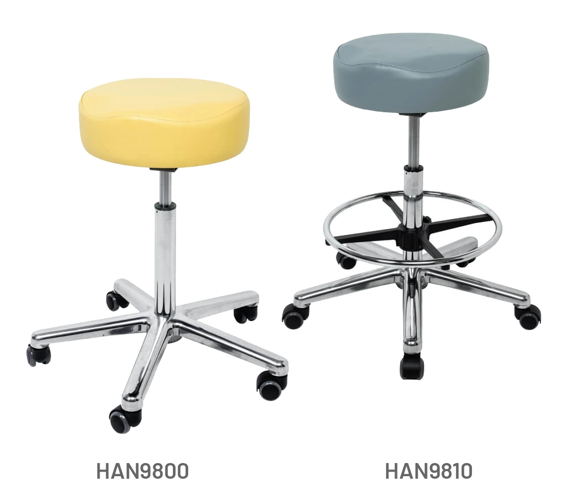 Meditelle Practitioners Shaped Tub Stools upholstered in Buttercup and Grey anti-microbial vinyl. Product shown with and without footrest.