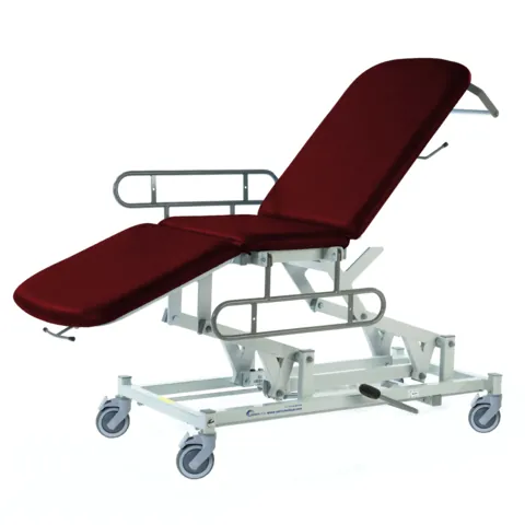 3 Section Mobile Treatment Couch - Burgundy+, Hydraulic, Independently Locking, Gas Assisted