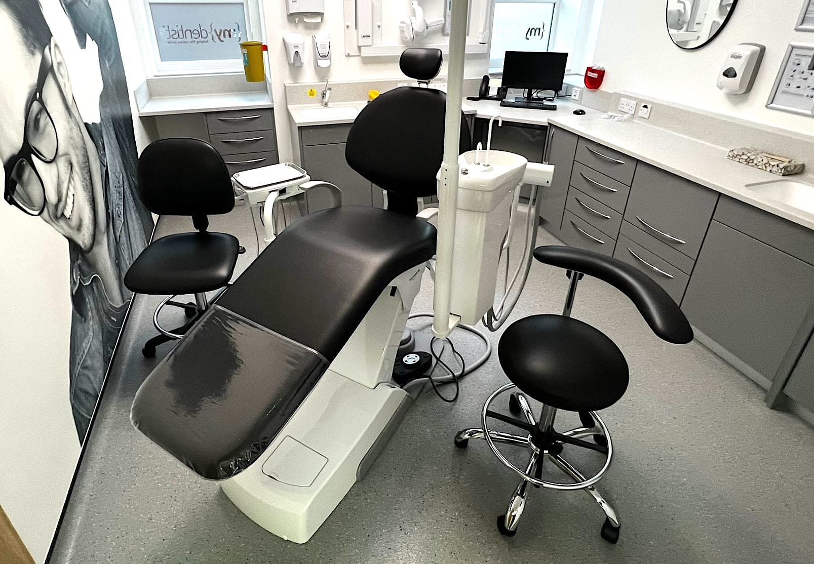 Meditelle operator stools and a medical couch in the offices of a "MyDentist" franchise